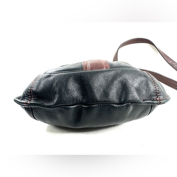 B Makowsky Black Leather Small Shoulder Crossbody Bag Brown Accents Push Lock - Picture 6 of 10